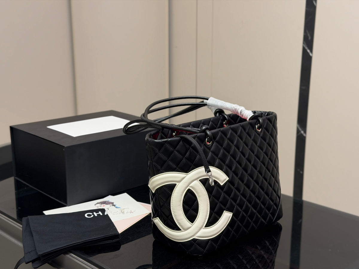 Black Quilted Leather Tote Bag with Interlocking CC Logo, Luxury Shoulder Bag, Large Women's Handbag