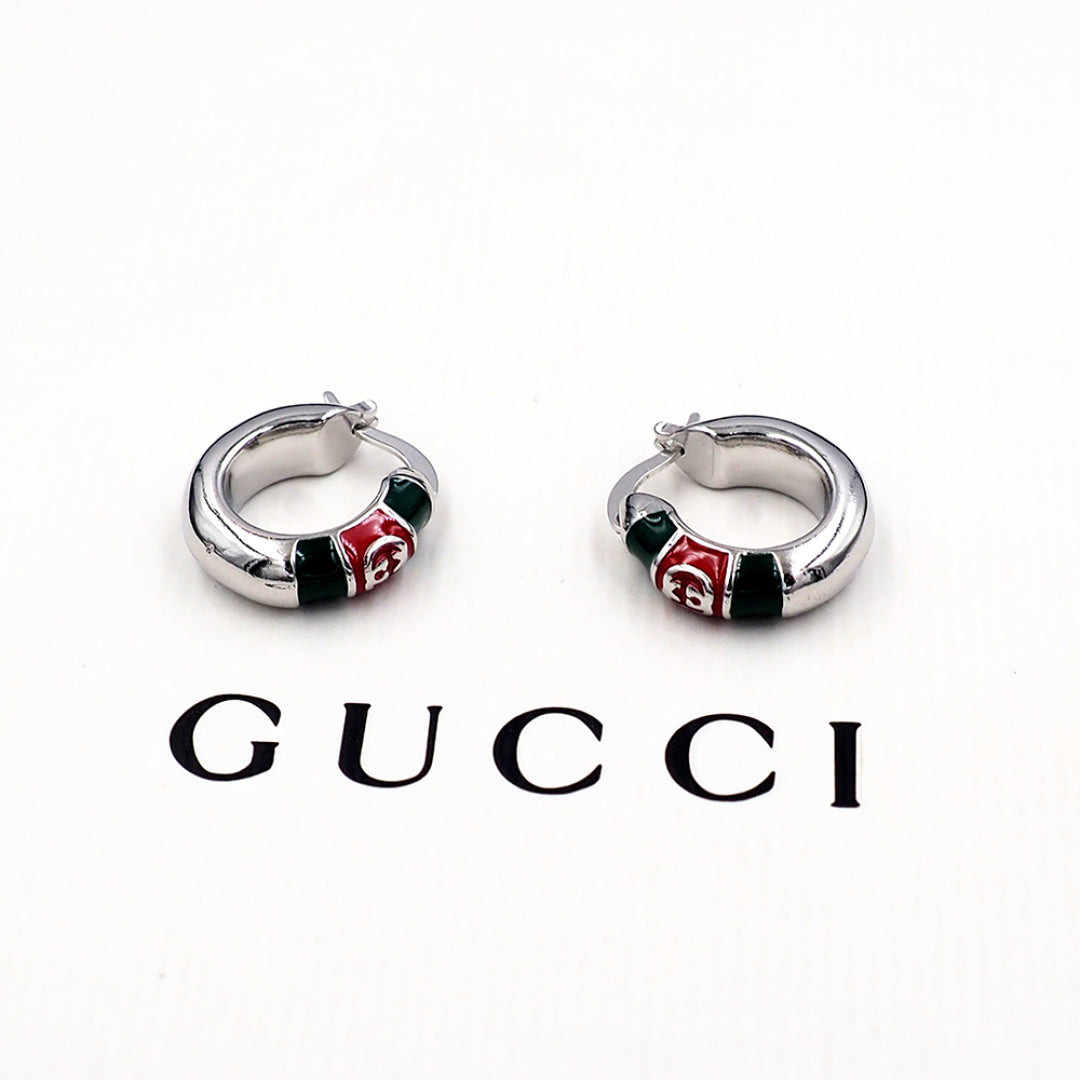 Silver-Tone Red and Green Enamel Hoop Earrings, Double-G Style Logo Stud Hoops, Women's Fashion Jewelry