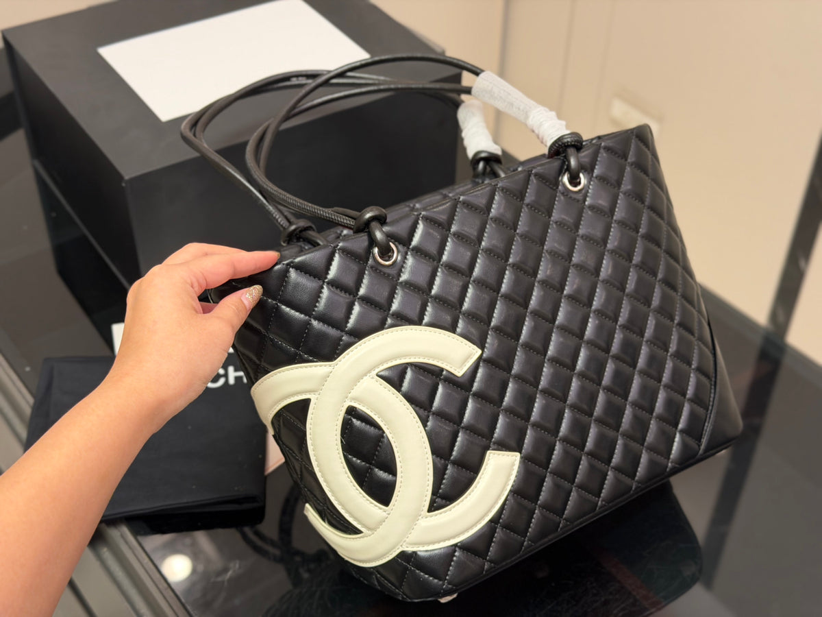 Black Quilted Leather Tote Bag with Interlocking CC Logo, Luxury Shoulder Bag, Large Women's Handbag