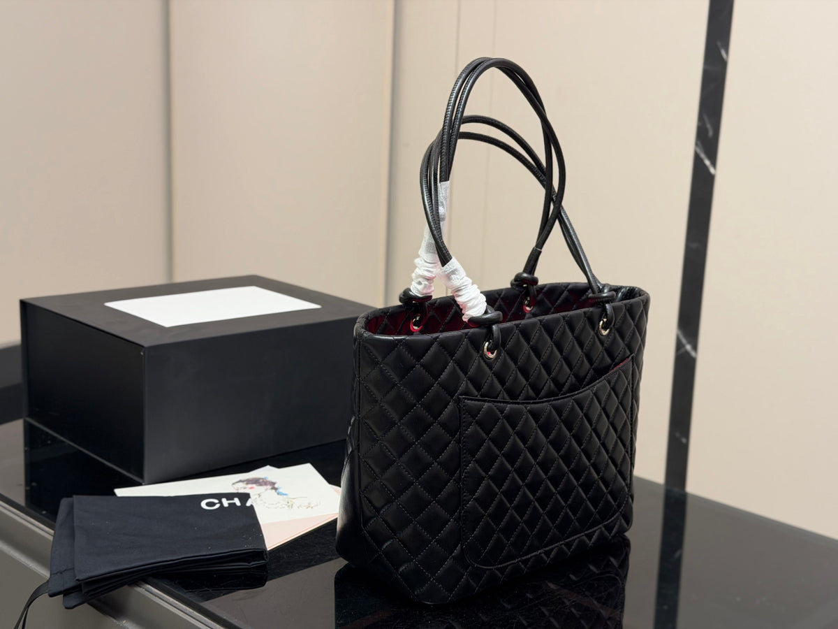 Black Quilted Leather Tote Bag with Interlocking CC Logo, Luxury Shoulder Bag, Large Women's Handbag